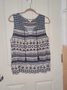 Lucky Brand schwarz beige geometrisches ärmelloses XL Top Quasten zum Binden Boho künstlerisch gebraucht, in einwandfreiem Zustand - Bild 1 von 15