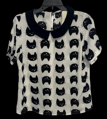 Lindo Top Blanco Lirio Estampado de Gato Negro Cuello Peter Pan Manga Corta Grande - Nuevo con Etiquetas Foto 1 de 4