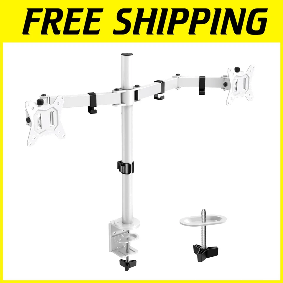 White Desk Mount for Two 32" Monitors, Fully Adjustable - Image 1 of 4