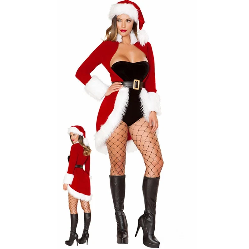 Women Christmas Costume Sexy Santa Claus Dress Red Velvet Coat Jumpsuit Hat Belt - Image 1 of 4