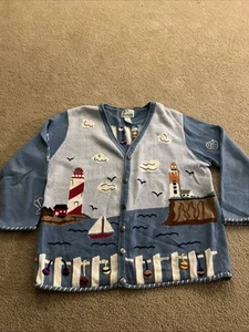 QUACKER FACTORY Sz 1XL Cardigan Sweater Sailing Cape Lighthouse Nautical Blue - Picture 1 of 8