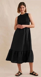Boden Smocked Linen Midi Dress 100% Linen Size 10 R(regular) Black - Picture 1 of 11