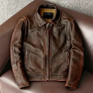 Chaqueta de cuero real marrón en apuros para motociclista vintage Cafe Racer para motociclista - Imagen 1 de 4