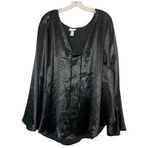 Ava & Viv Satin Blouse V-Neck Tie Front Flared Long Sleeve Black Women's 3X - Picture 1 of 6