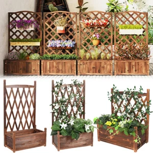 Wooden Planter Box Diamond Lattice Trellis Raised Garden Bed with Drainage Holes - Picture 1 of 15
