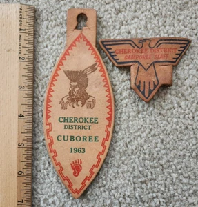 1963 Cherokee District Cuboree LEATHER PATCH & CHEROKEE DIST. NECKERCHIF SLIDE - Picture 1 of 6