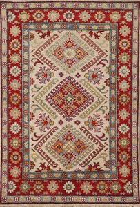 Geometric Ivory Super Kazak Accent Rug 3'x5' Wool Hand-knotted Oriental Carpet - Picture 1 of 12