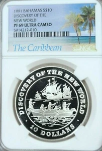 1991 BAHAMAS SILVER 10 DOLLARS DISCOVERY OF THE NEW WORLD NGC PF 69 ULTRA CAMEO - Picture 1 of 4