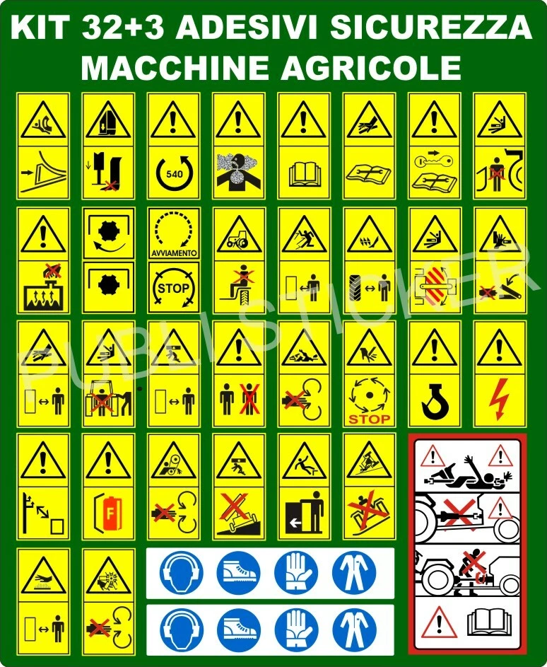 35 PITTOGRAMMI ADESIVI SEGNALE PERICOLO ISO 11684 MACCHINE AGRICOLE E FORESTALI - Immagine 1 di 1