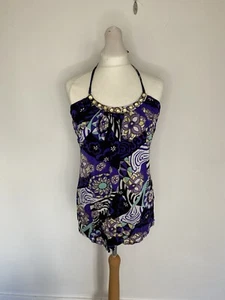 Julien Macdonald UK 12 Purple Halterneck Top Geometric Retro Y2K Beaded Stretch - Picture 1 of 14