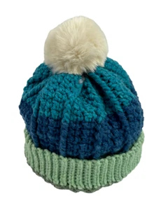 HANDMADE CROCHET Beanie Adult Thick Yarn Faux Fur Pom Pom Turn-Up Cuff - Picture 1 of 5