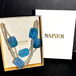 New open box, Napier 36" Silvertone and Blue Stone Necklace - Picture 1 of 9