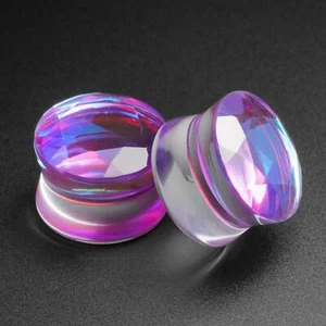 Purple Faceted Aurora Glass Double Flare Plug | Glass Ear Gauges Stretchers - Picture 1 of 2