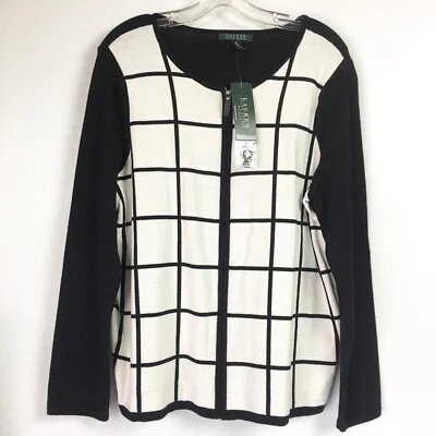 Lauren Ralph Lauren Woman 1X Cardigan Sweater Black Wht Plaid Check Full Zip NEW - Image 1 of 4