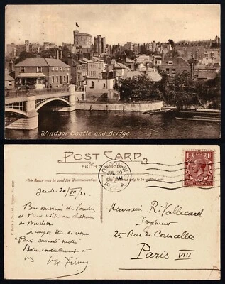 England vintage Postal card Windsor Castle and bridge from London 1922 To Paris - Image 1 of 3
