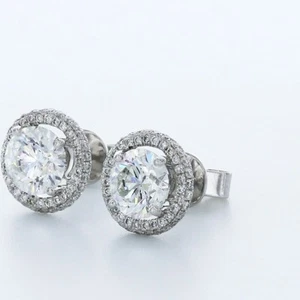 3.1CT LAB-CREATED DIAMONDS D/VVS1 ROUND CUT 14K WHITE GOLD 4-PRONG HALO STUDS - Picture 1 of 3