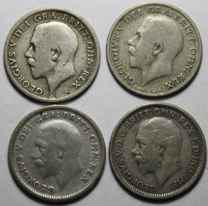 Great Britain 1921, 1922, 1926 & 1928 Silver Six Pence Lot Of 4 (X145) - Picture 1 of 2