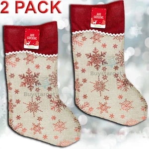 🎅2x Jute Hessian Christmas Xmas Stocking Stockings Foil Printed Santa Gift Sack - Picture 1 of 6