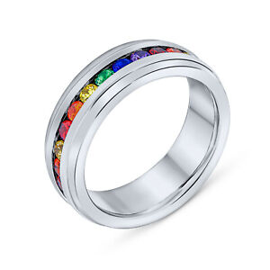 Colorful Gay Pride CZ Rainbow Eternity Ring LGBTQ Wedding Band Ring
