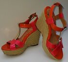 SOFFIT SOFT Pink Orange Gold Patent Leather Jute Heel Wedge Sandals Size 9.5