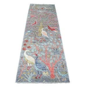 2'8"x7'9" Gray Birds Paradise Hand Knotted Peshawar Runner Oriental Rug G89052 - Picture 1 of 6