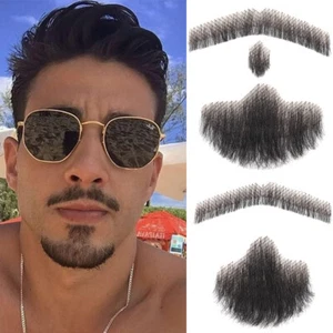 Men's Fake Beard 100% Real Human Hair Face Beard Mustache Van Dyke Type Reusable - Picture 1 of 23