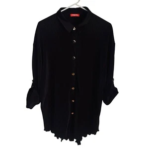 Womens 2X Black Ribbed Tunic Blouse Button Front Collar Roll Tab 3/4 Sleeve - Picture 1 of 5