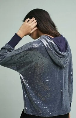 Anthropologie Sweatshirt Sequin Hooded blue pewter Zipper Front Relaxed M NEW - Image 1 of 4