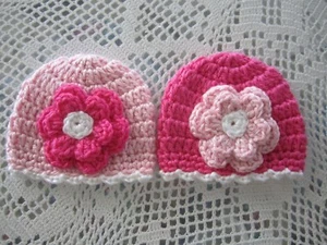 +*+2-CROCHETED PREEMIE BABY HAT**BEANIES=11" 4- BT PINK*"HANDMADE" 0-3 MO, GIRL - Picture 1 of 4