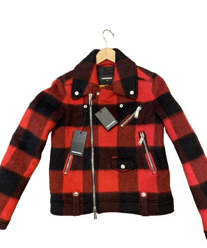Giacca moto Dsquared2 rossa e nera a quadri lana stile biker 38 nuova con etichetta Italia
