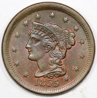 1855 1c N-3 Braided Hair Large Cent  - Image 1 of 2