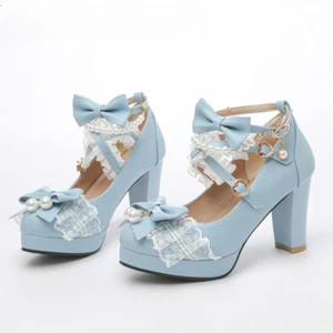 Cross Strap High Heels Pumps Party Cosplay Strawberry Bow Princess Cosplay Shoes - Picture 1 of 30