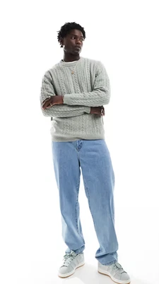 MENS ASOS LIGHT SAGE GREEN CABLE KNIT RELAXED FIT JUMPER SIZE M (REF 740) - Image 1 of 4