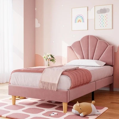 Pink Twin XL Bed Frame Velvet Upholstered Platform Bed Frame for Boys & Girls - Image 1 of 4