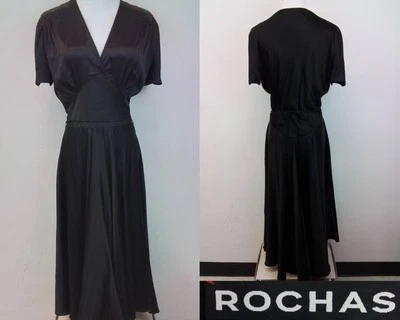 Vestido de seda Rochas para mujer IT 40 US 4 negro línea A cuello en V cordón #J3341 Foto 1 de 4