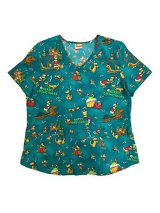 Dr. Suess Womens Green Grinch Stretch Christmas Medical Scrubs Shirt 2XL - Picture 1 of 1