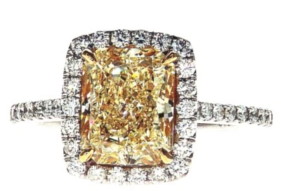 Diamond Ring 18KT White Gold 3CT Fancy Yellow Cushion Cut Natural GIA Certified  - Image 1 of 4