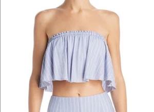 Sage Strapless Bandeau Ruffle Crop Top~Size Medium~Blue White Stripe Sexy Casual - Picture 1 of 6