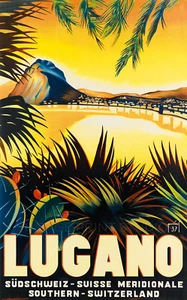 Póster de publicidad de viaje suizo vintage de Lugano estampado en lona Giclee 20x32 - Imagen 1 de 3