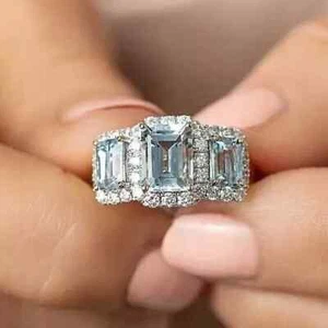 3.80Ct Emerald Cut Lab Created Aquamarine Wedding Ring In 14k Yellow Gold Plated - Picture 1 of 6