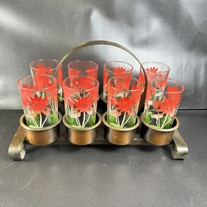 Vtg Federal Glass Glassware 8 Juice Cups & Metal Cup Caddy Red Flower Floral 8oz - Picture 1 of 15