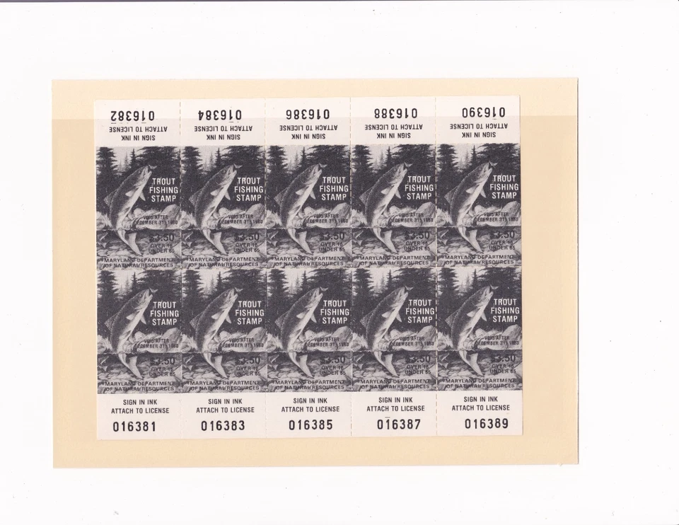 1980 Maryland Trout Stamp with Tabs #27 Adult Sheet of 10 - Image 1 of 1