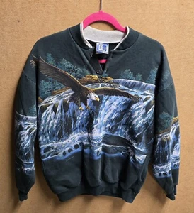 Vintage Art Unlimited Bald Eagles Nature Green AOP Henley Sweatshirt - Adult M - Picture 1 of 5