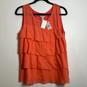 J Crew 100 % Seide Neon Koralle Stufen Rüschen Tank Top Bluse Gr 10 Emaille Knöpfe - Bild 1 von 7