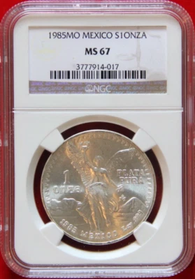 :1985-Mo 1-ONCE MEXICO LIBERTAD WINGED-VICTORY KM# 494.1 NGC MS-67 HIGH-GRADES - Image 1 of 2