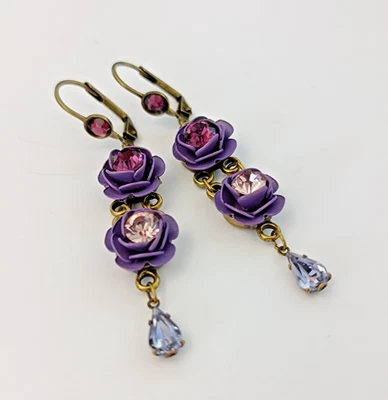 Michal Negrin Earrings Purple Tones 3D Roses Crystal Long Bohemian VTG Dramatic - Image 1 of 4