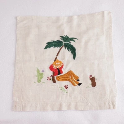Handmade Cushion Cover Linen Fabric Long Stitch Crewel Embroider Mexican Siesta - Image 1 of 4