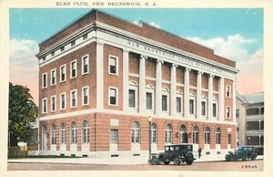 Cartolina d'epoca Elks Club New Brunswick NJ in lino con auto d'epoca - Foto 1 di 2