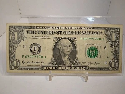 2013 Binary Super Radar 6 In A Row 7s $1 Dollar Bill Fancy Serial Number...  - Image 1 of 2