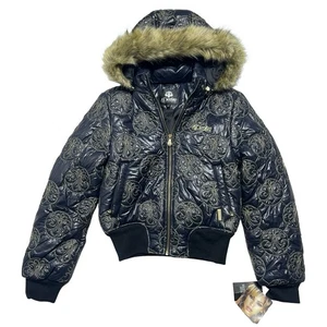 Dereon Jacket Womens M Blue Gold Quilted Puffer Faux Fur Hooded Beyonce Y2K NWT - Picture 1 of 13